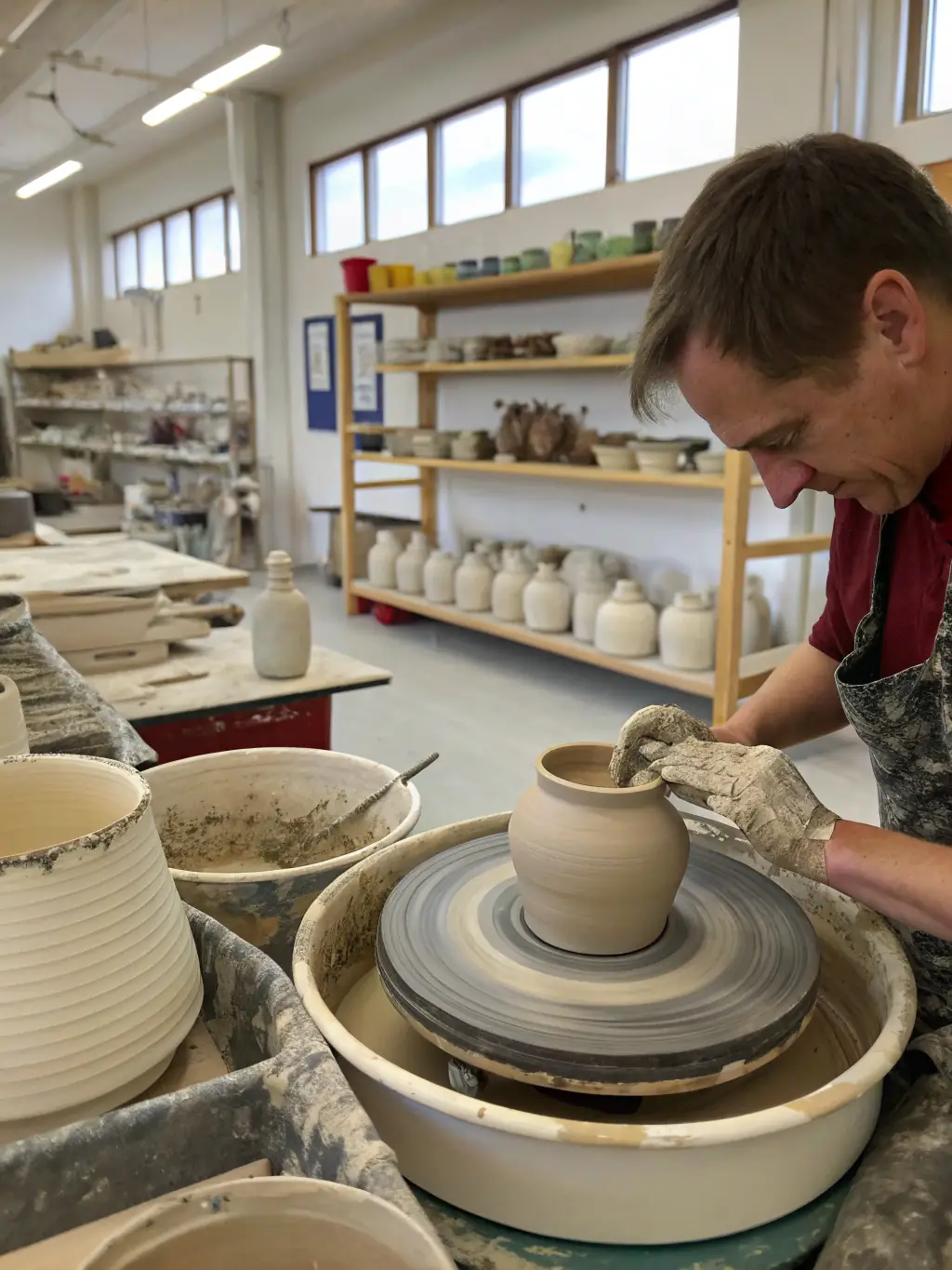 A dynamic image of a pottery workshop in progress, with participants of various ages shaping clay on pottery wheels, guided by an instructor.