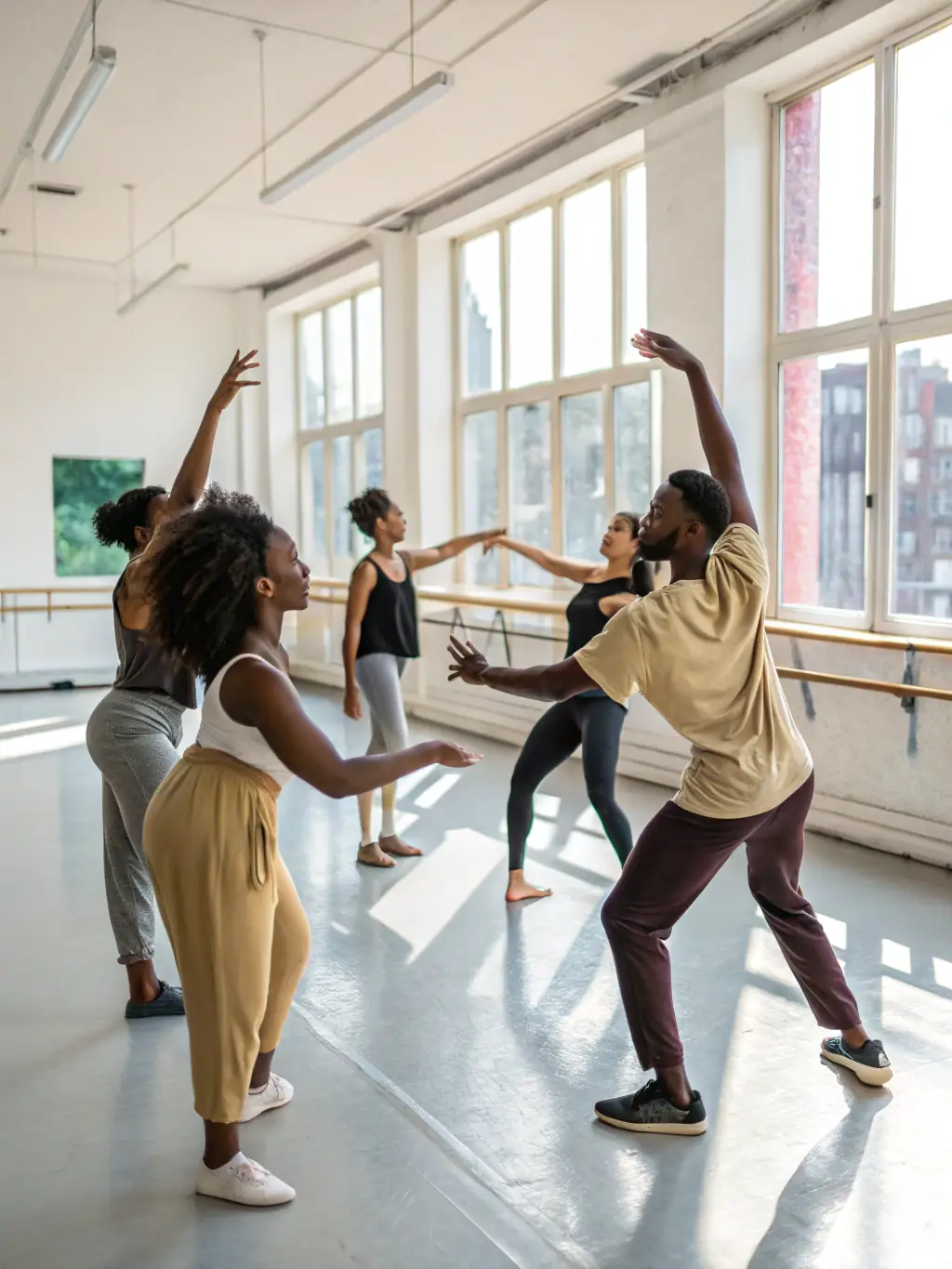 A photograph of a dance workshop, with participants learning traditional folk dances from an experienced instructor, accompanied by live music.