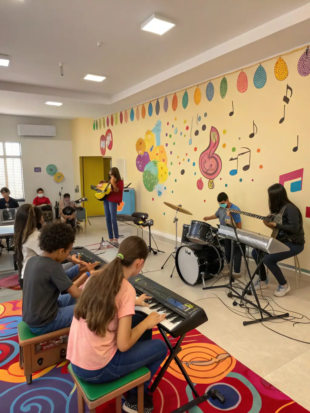 A photo of musicians collaborating during a music workshop, showing them playing various instruments and interacting with each other, promoting musical expression.
