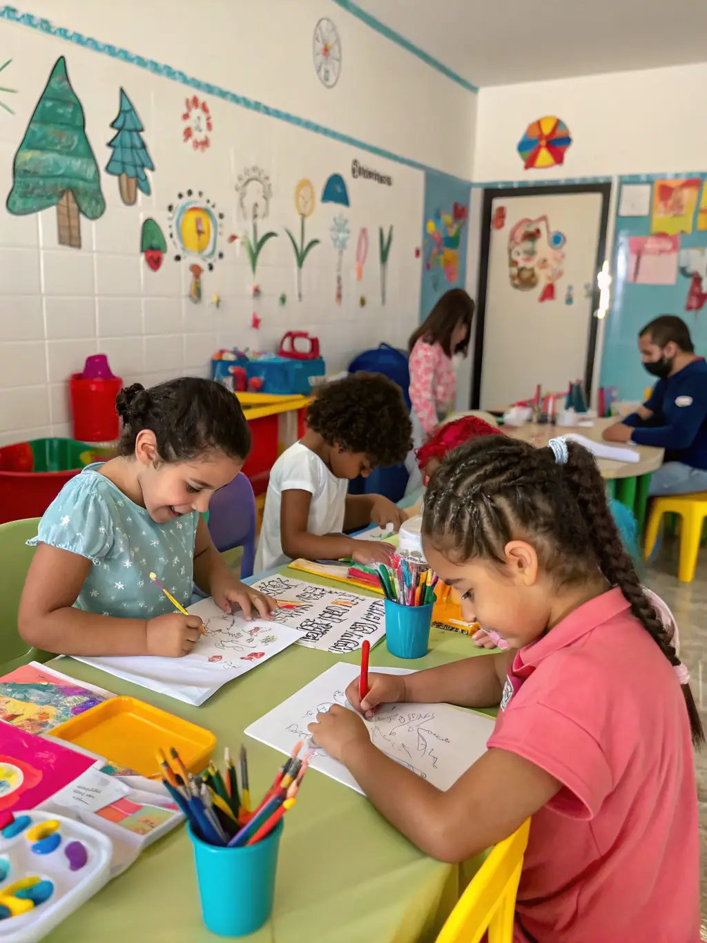 A vibrant photograph capturing children participating in a heritage-themed art workshop, showcasing their engagement and creativity, set in a community center.