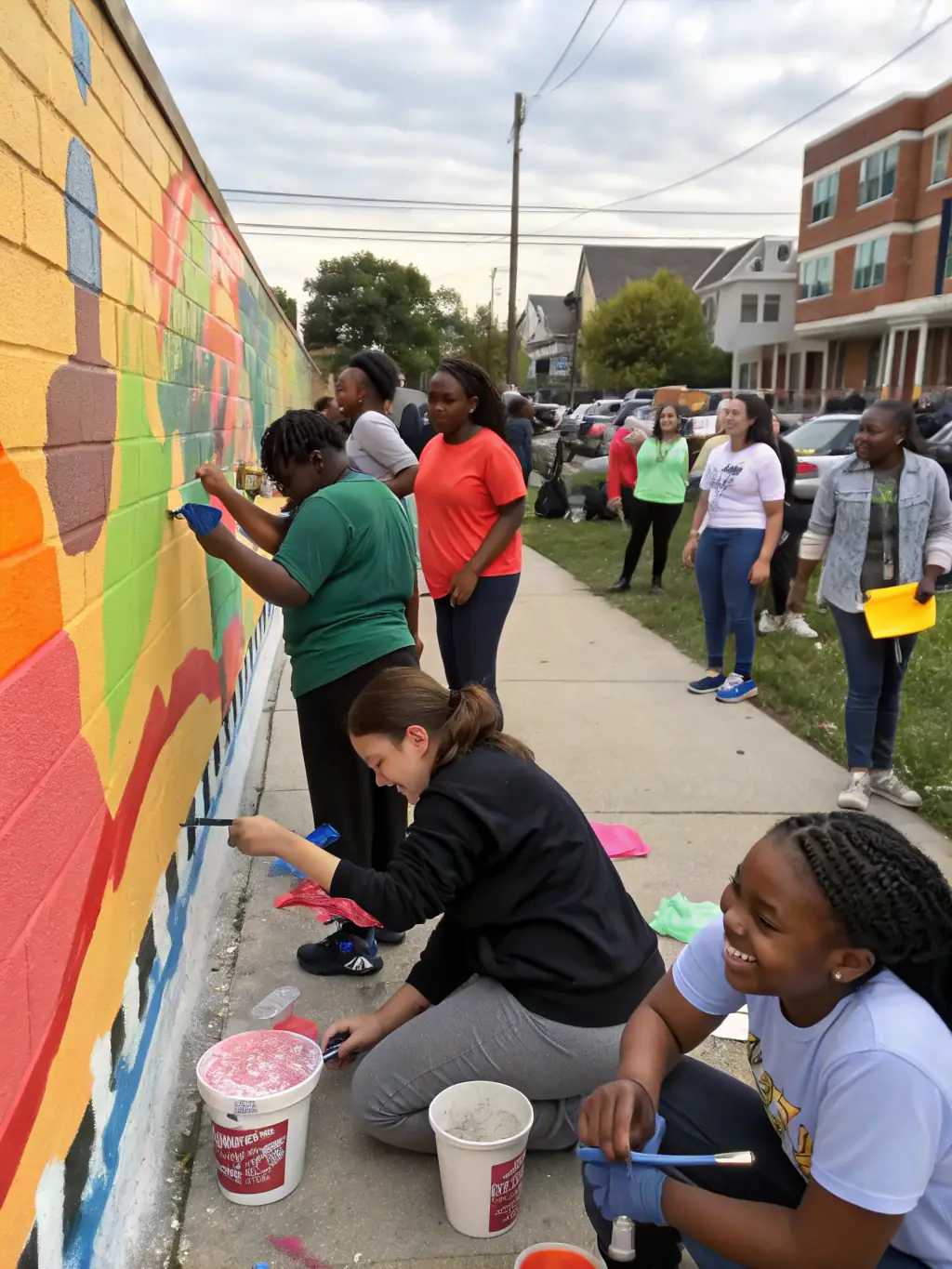A colorful photograph of children painting murals on a community wall, guided by an artist from M.A.R. EN SCENE, promoting community engagement and artistic expression.