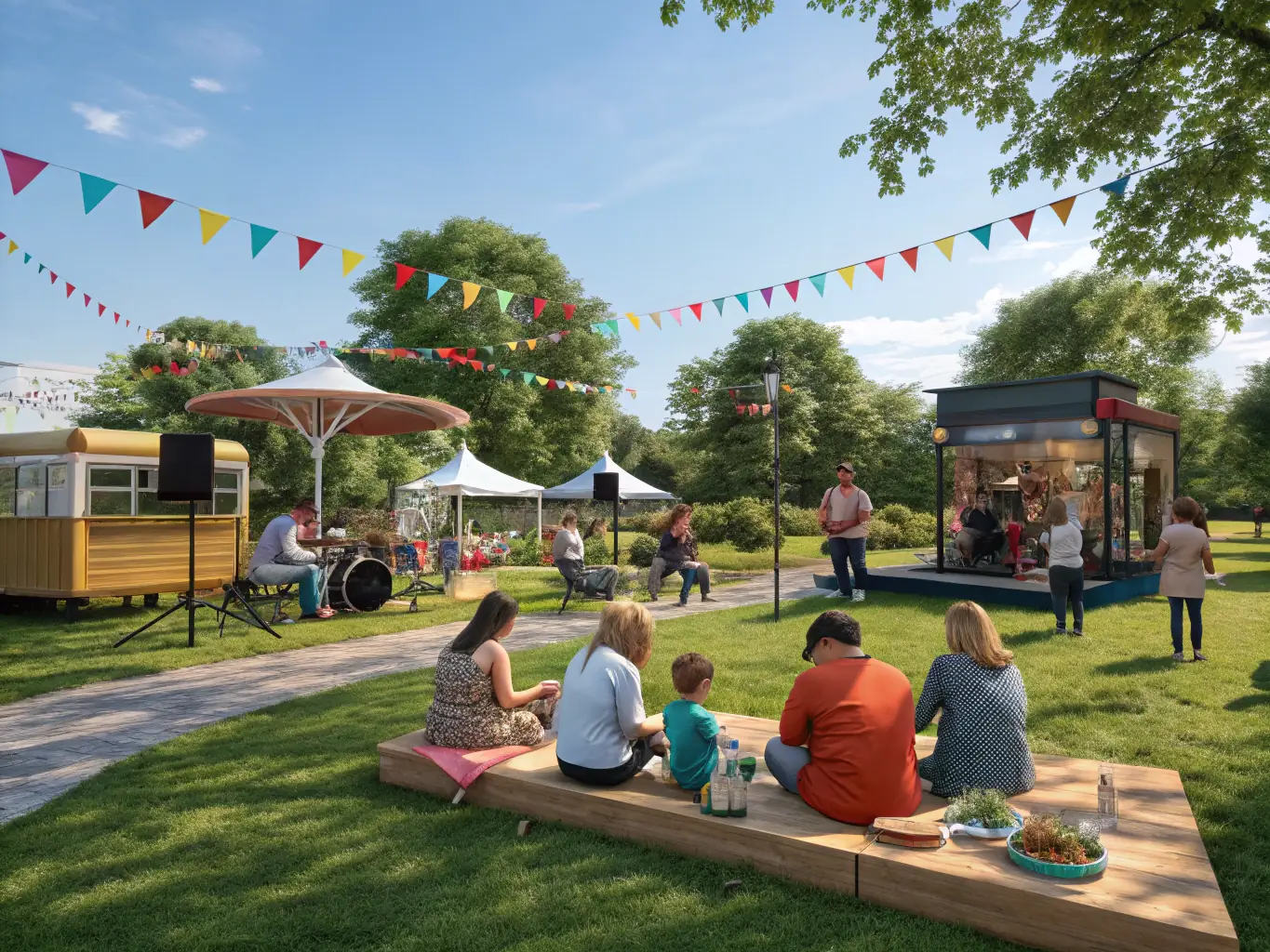 A diverse group of people participating in an outdoor cultural event, with music, dance, and artistic displays, emphasizing community participation and cultural exchange.