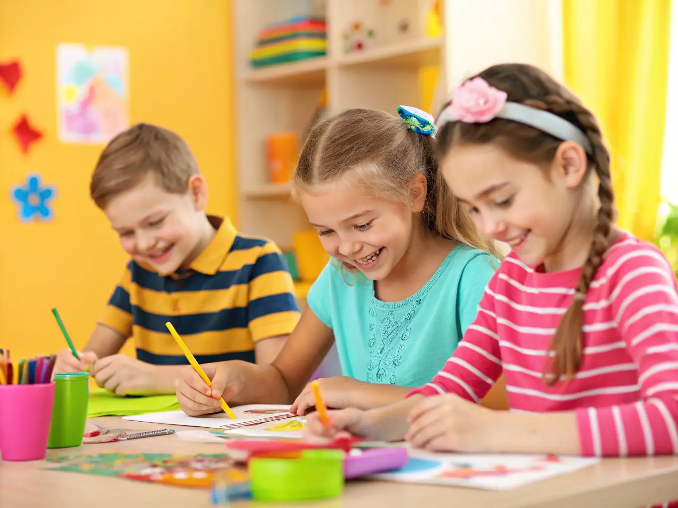 A group of children participating in a heritage-themed workshop, learning about local traditions and crafts, with a focus on hands-on activities and cultural immersion.