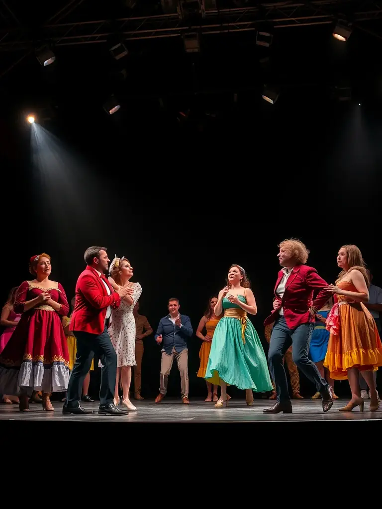 A photograph capturing a live theater performance by M.A.R. EN SCENE, showcasing actors in costume on stage with dramatic lighting and a captivated audience.