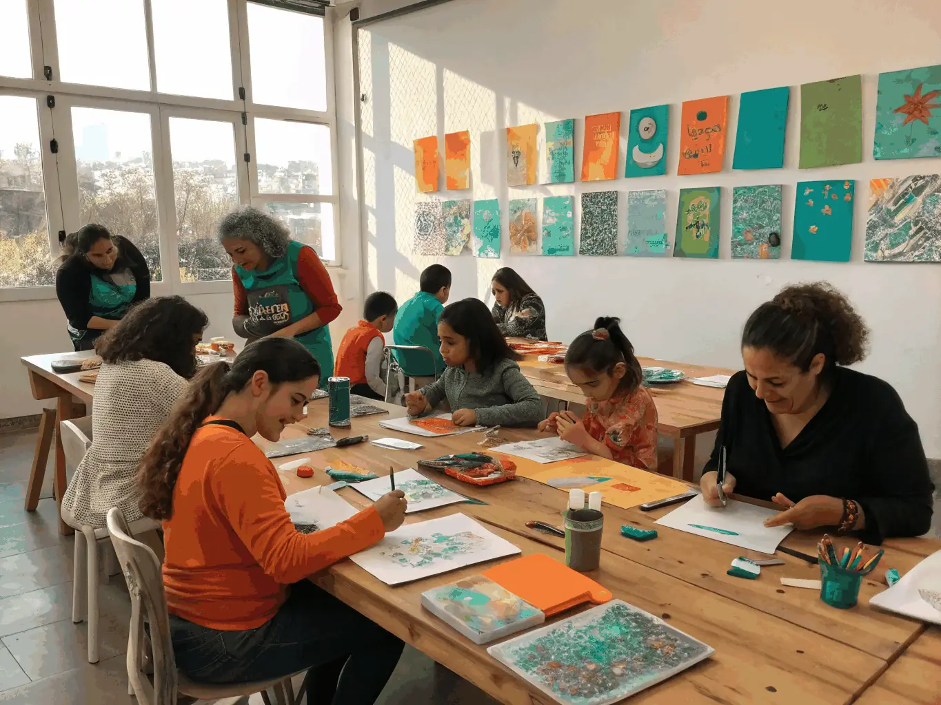 A vibrant image of a diverse group of community members actively participating in a hands-on art workshop, with colorful artworks and engaged expressions, showcasing M.A.R. EN SCENE's commitment to cultural education and community engagement.